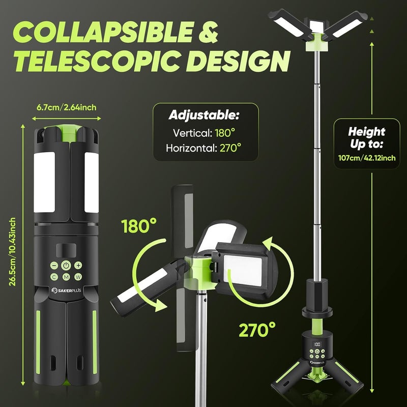 SakerPlus Portable Camping Lights with Stand, 5000LM Rechargeable LED Flashlight, 9 Color Modes, Collapsible Camping Lantern Tent Light with Magnetic Base for Power Outages, Camping & Emergency(Green) - Image 4